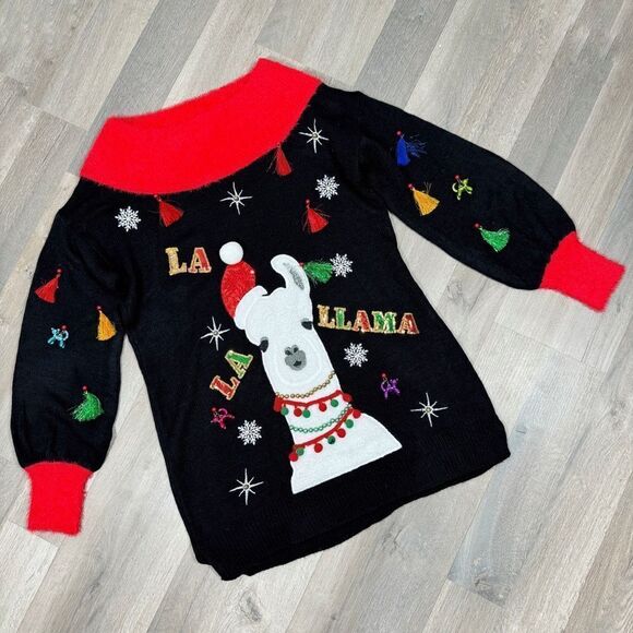 Holiday Time La La Llama Ugly Christmas Tunic Sweater Black Small - Picture 15 of 15